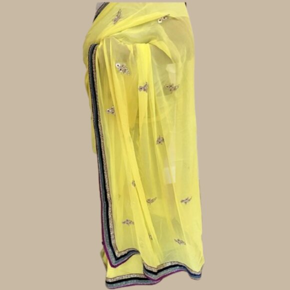 Yellow Chiffon Saree Velvet Border Gold Embroidered Party Wear - Picture 9 of 15